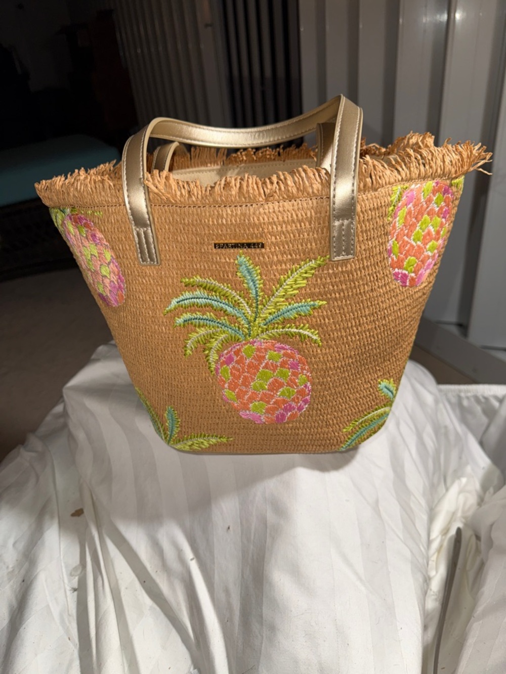 NWOT - Spartina Straw Tote Bag with Pink & Green Pineapple Embroidery.